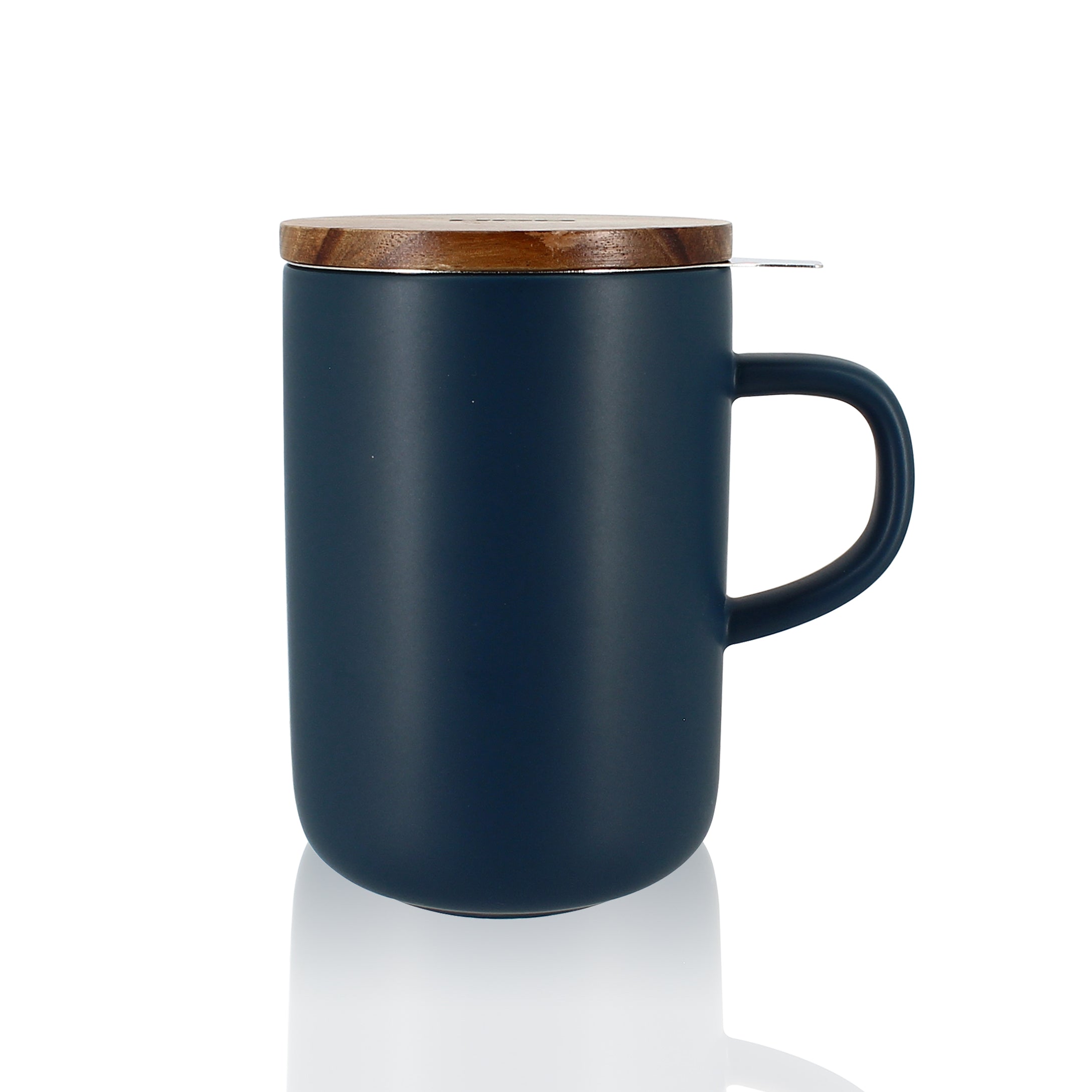 Teetasse Steingut blau mit Sieb & Holzdeckel