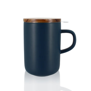 Teetasse Steingut blau mit Sieb & Holzdeckel