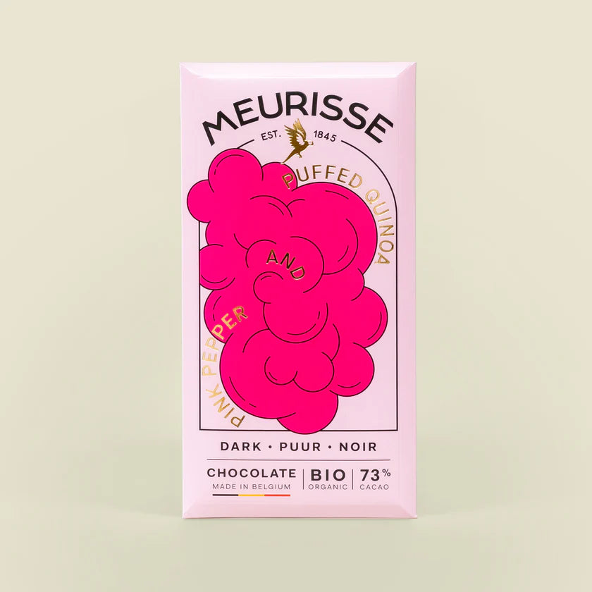 Dunkle Schokolade (73%) mit Puffquinoa und rosa Pfeffer bio