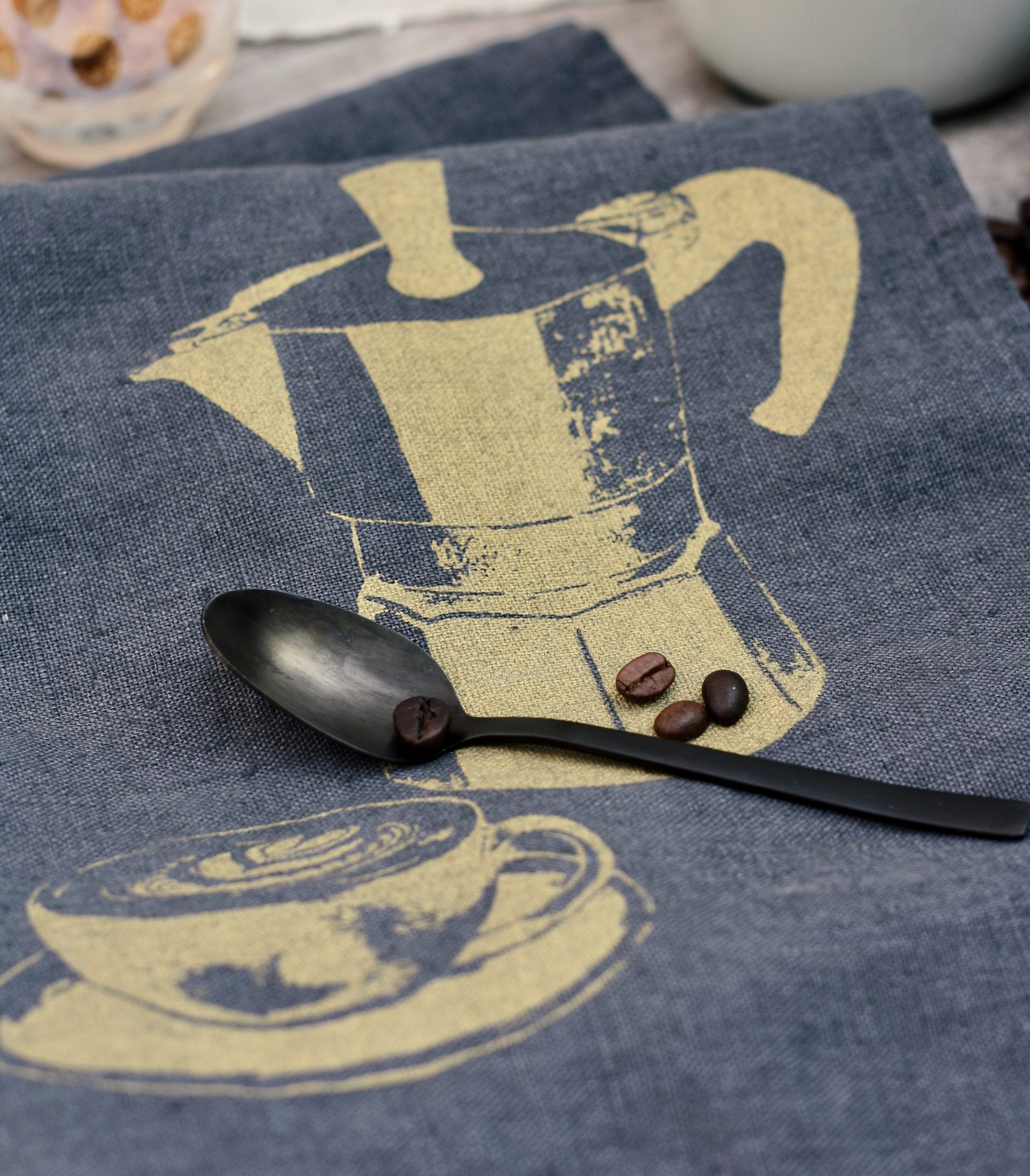 Geschirrtuch Leinen Anthrazit mit Siebdruck Kaffee messing