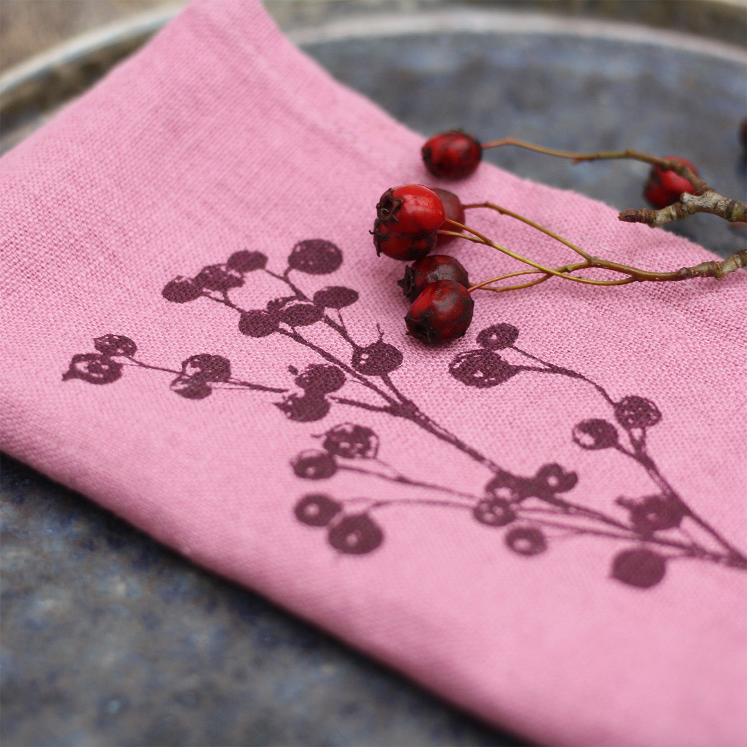Servietten Leinen Erika mit Siebdruck Beerenzweig