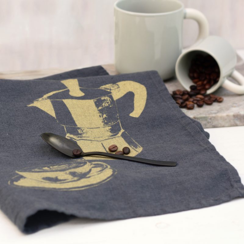 Geschirrtuch Leinen Anthrazit mit Siebdruck Kaffee messing