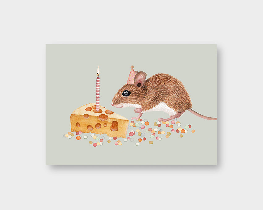 Postkarte Maus mit Käsekuchen