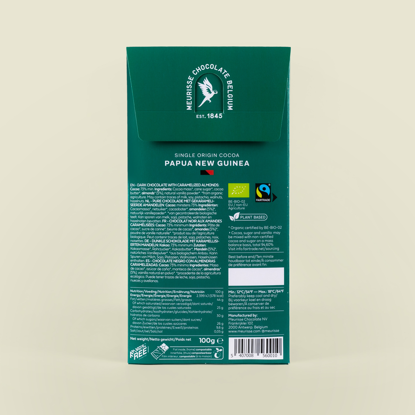 Dunkle Schokolade (73%) mit karamellisierten Mandeln - bio & vegan
