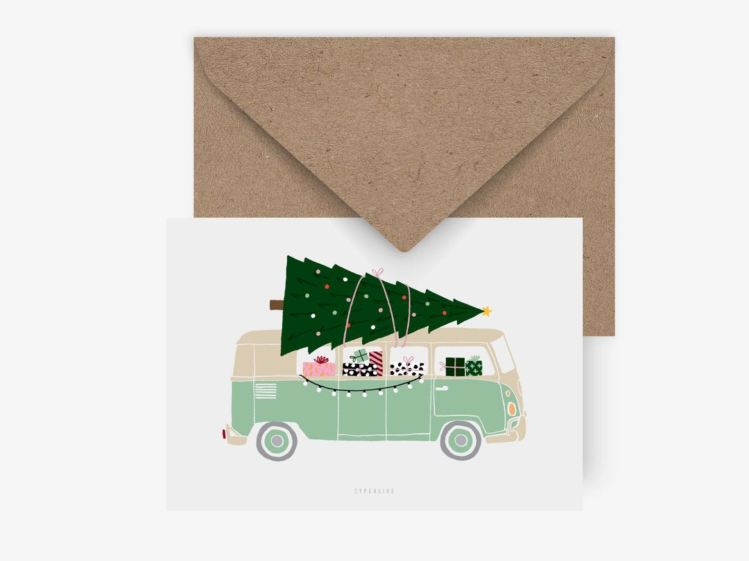 Postkarte Driving home for Christmas Bulli grün