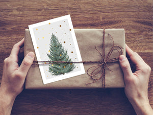 Postkarte Tanne mit Goldschnee